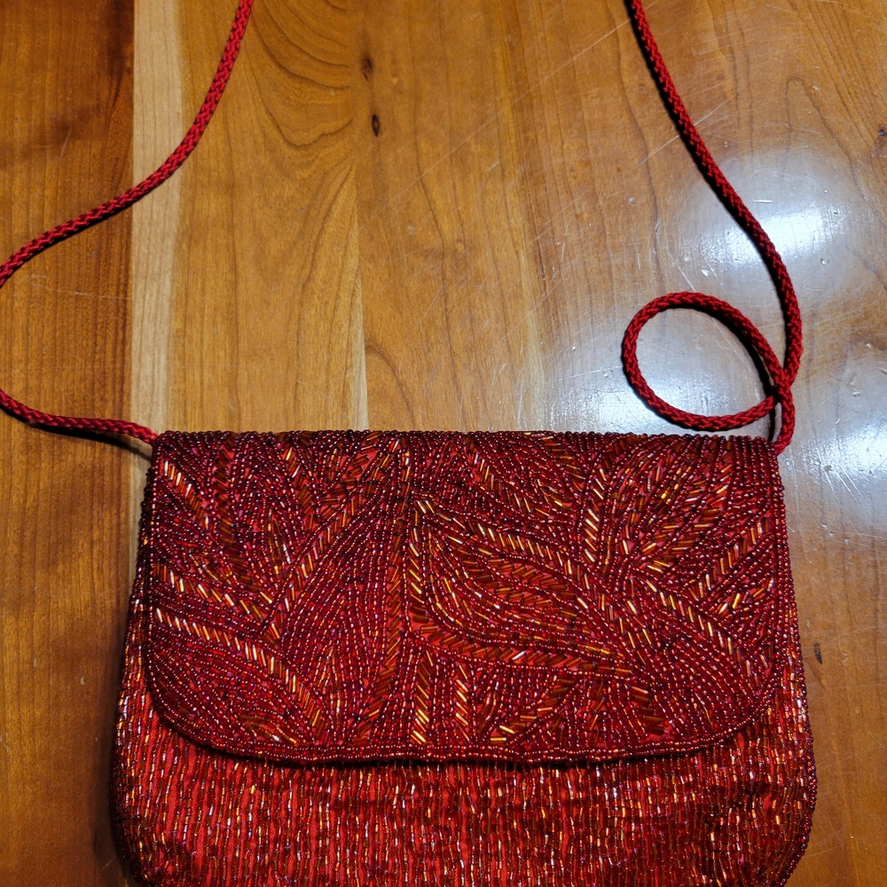 La Regale Red Beaded Crossbody Bag